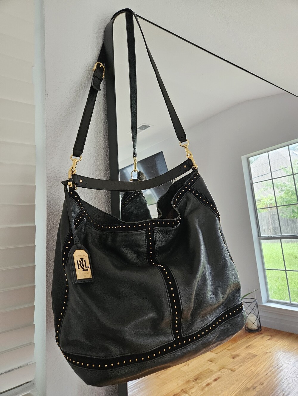 Ralph Lauren Black Leather Stud-Trim Shoulder Hobo - Picture 10 of 10